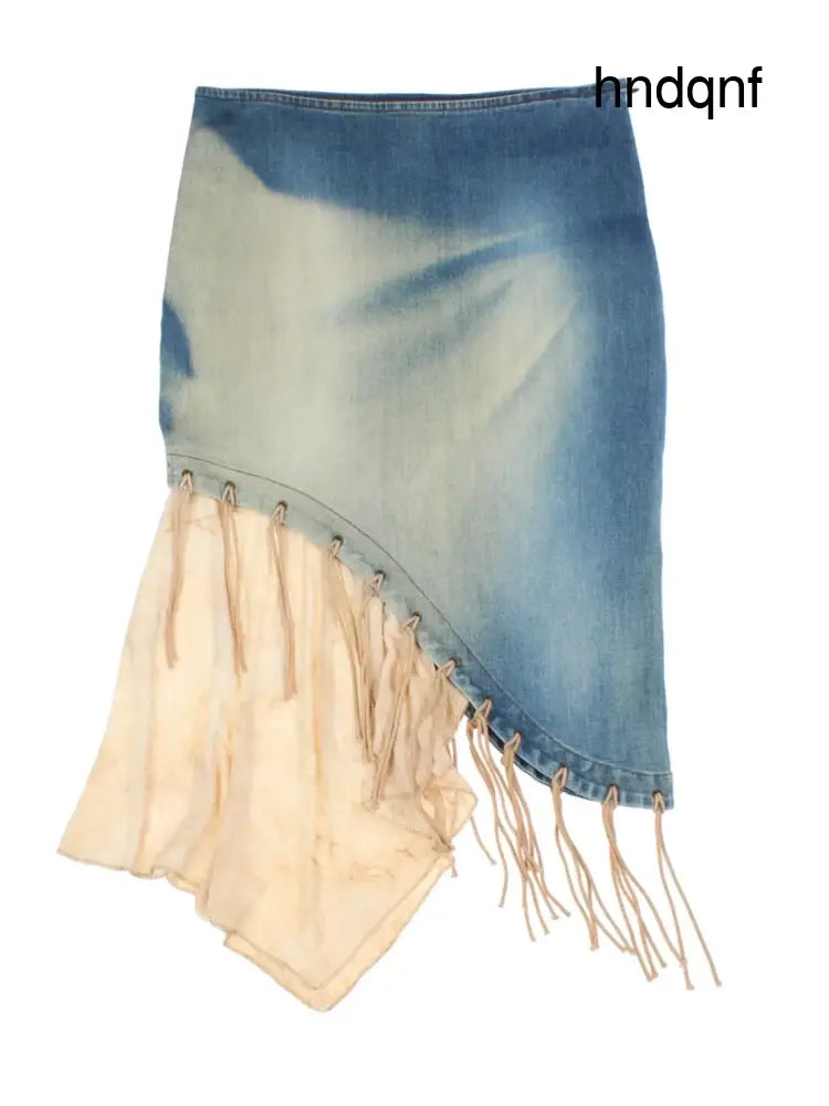 Y2K Fringe Denim Midi Skirts (Size L) - Skirts
