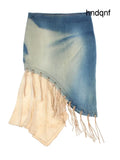 Y2K Fringe Denim Midi Skirts (Size L) - Skirts