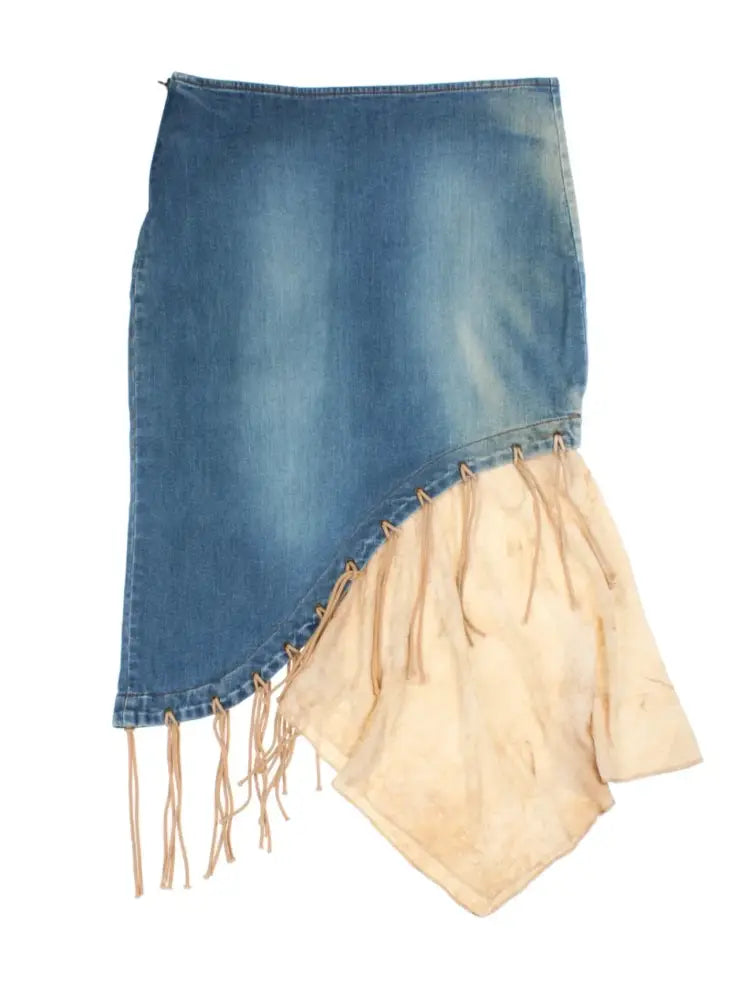 Y2K Fringe Denim Midi Skirts (Size L) - Skirts